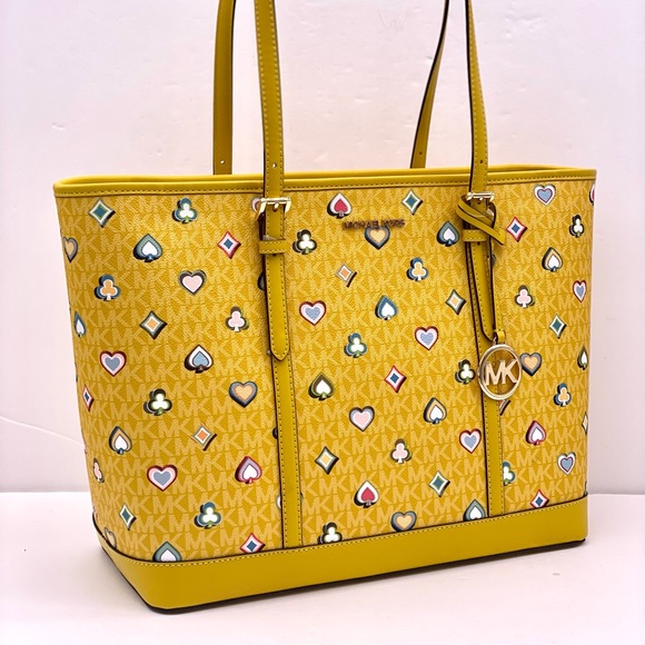 Michael Kors Yellow Heart Pattern Large Tote Shoulder Bag - Picture 1 of 13
